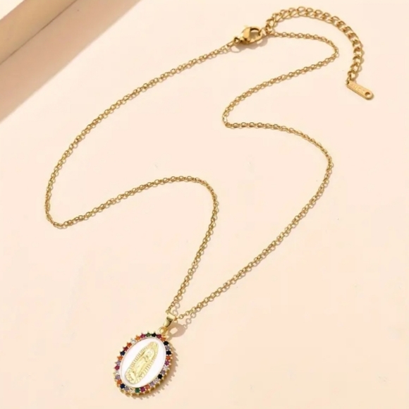 Gold Virgin Mary Rhinestone Necklace - Picture 3 of 7